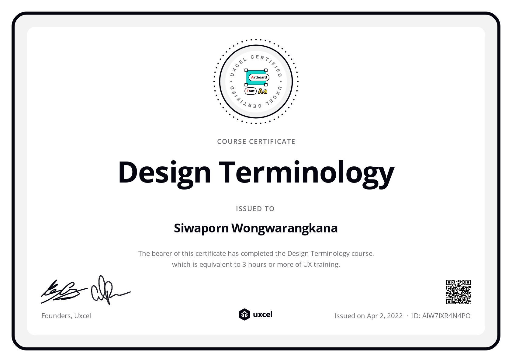 Siwaporn Wongwarangkana's certificate